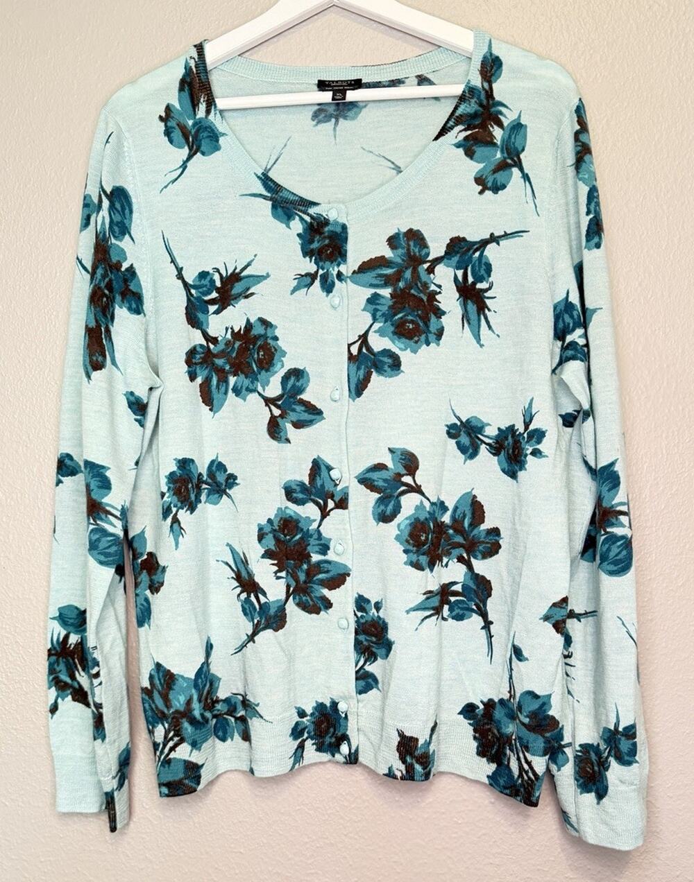 Talbots Pure Italian Merino Wool Floral Cardigan Aqua Mint Rose Print Large XL